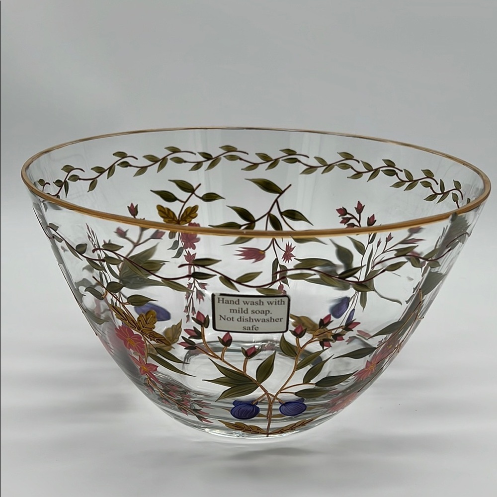 Crystal Clear Industries Hand Painted “Amelia” 11” Bowl With 22kt Gold Floral